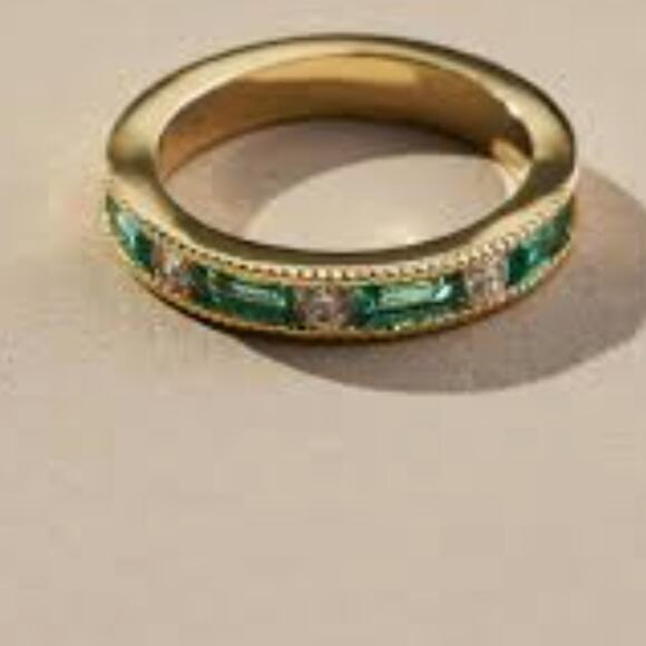 Anthropologie Brass over gold green stone Flat channel cut pattern ring Size 8 - Picture 2 of 11